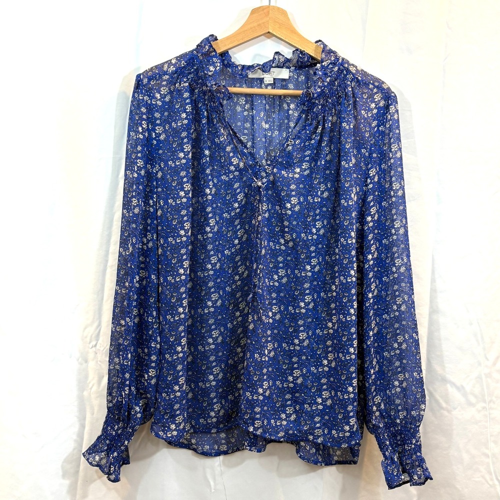 LOFT Women's Blue & White Feminine Sheer Floral Blouse with Camisole, Size XL